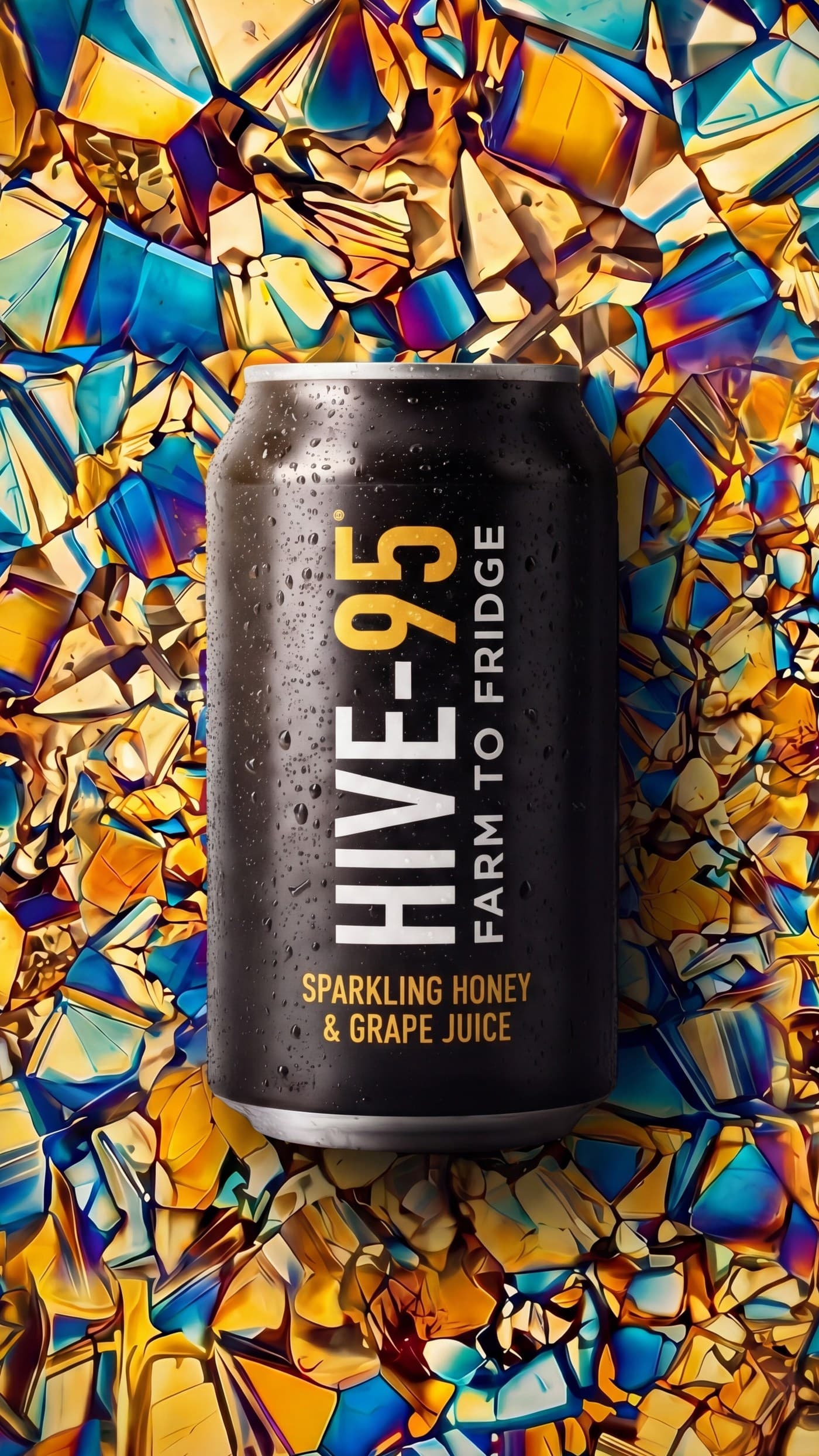 A Hive-95 can resting on a backdrop of golden and blue stained-glass facets — sparkling honey and Finger Lakes grape juice
